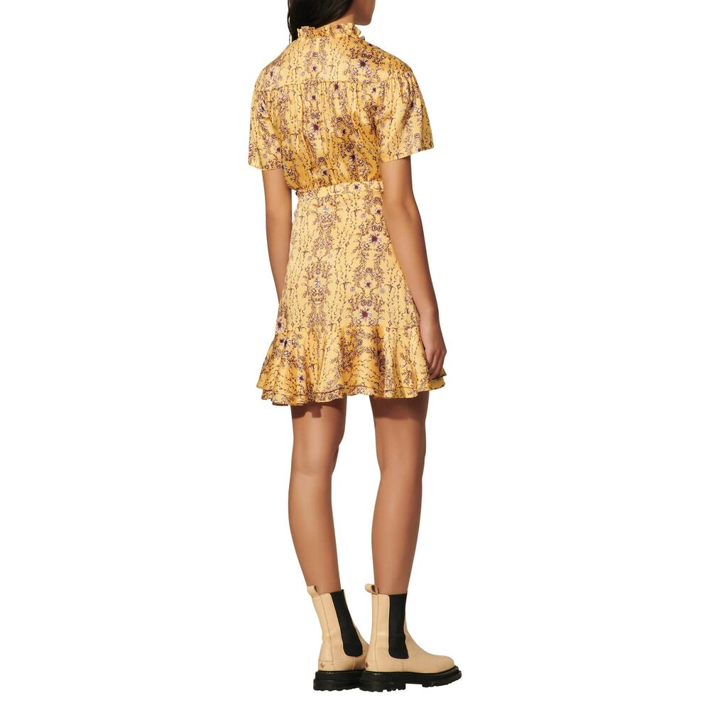 Sandro Suzette Mini Dress Yellow Floral Belted A-Line Ruffle SZ 4 US - Picture 5 of 8